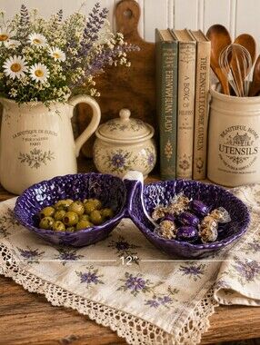 Olfaire Portugal Vintage Purple Cabbage Leaf Double Divided Serving Dish Bowl